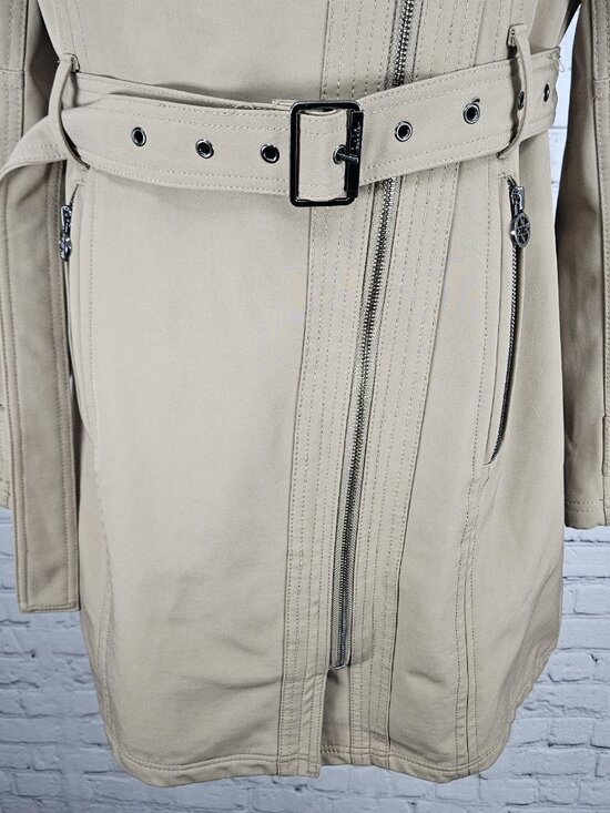 Nicole Miller Tan Leopard Removable Hood Belted Trench Soft Shell Long Coat S - Picture 9 of 16